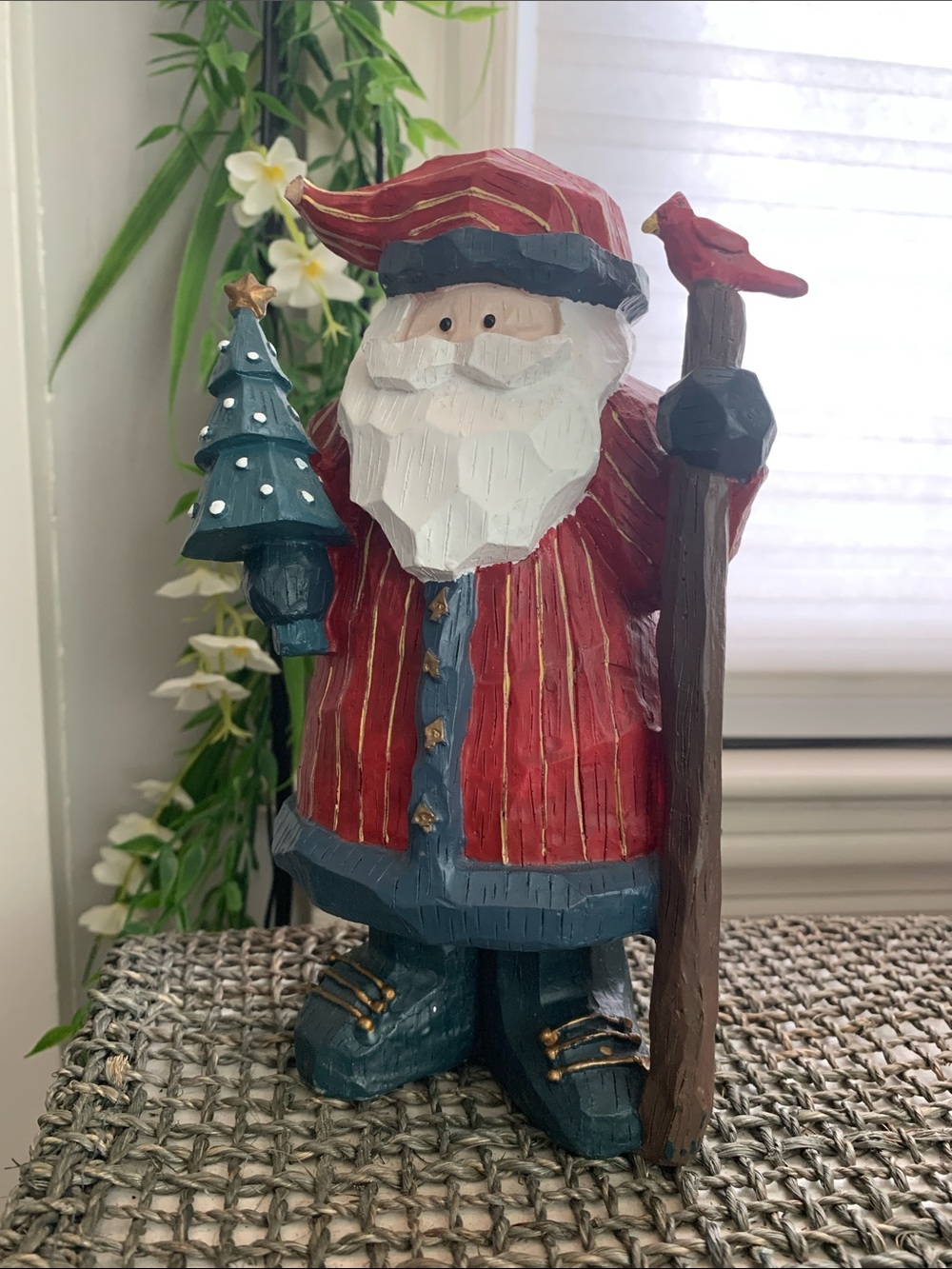 Wooden Santa Claus with tree and Bird Figurine Holiday Decor